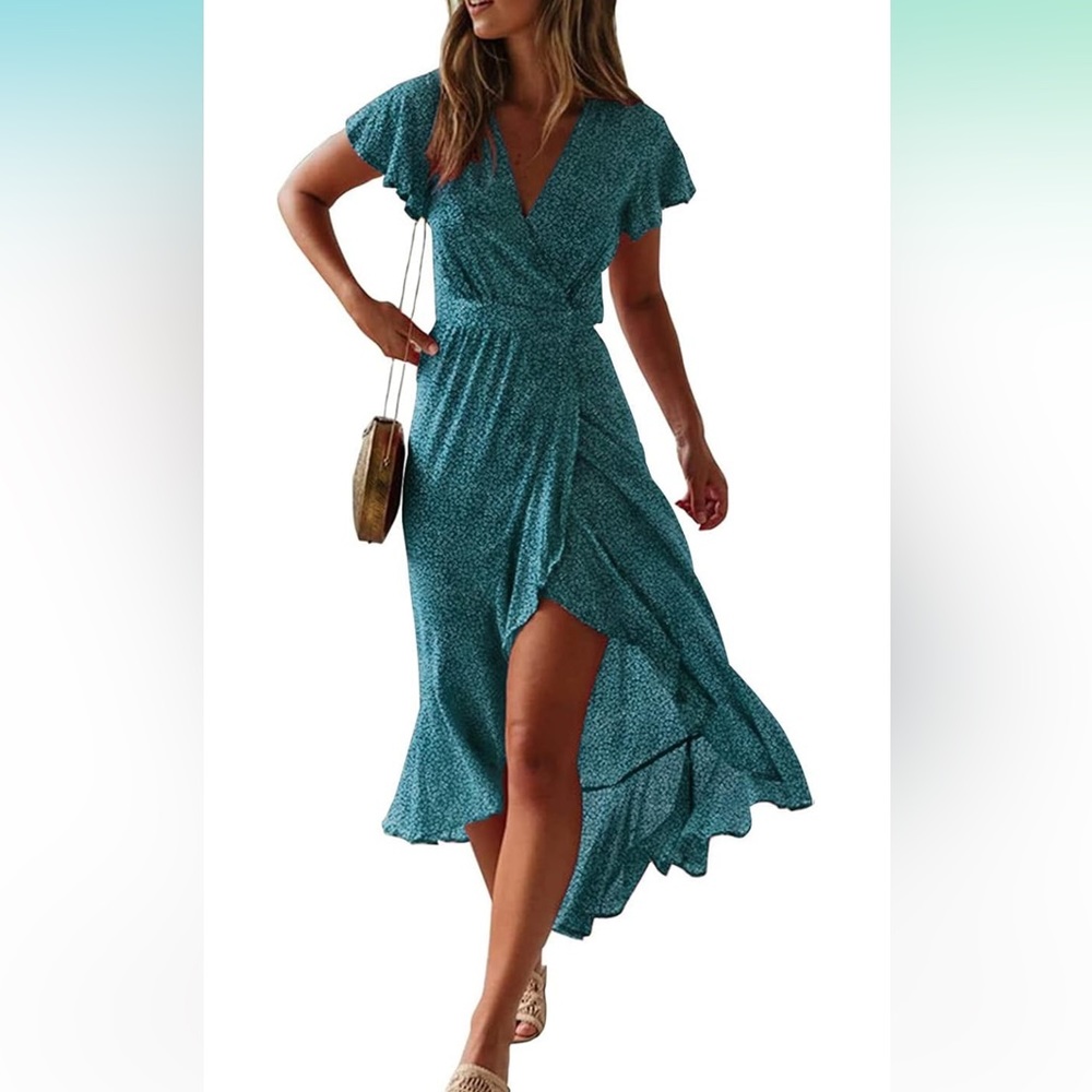 ZESICA Bohemian Floral Wrap V Neck Short Sleeve Split Beach Party Maxi Dress